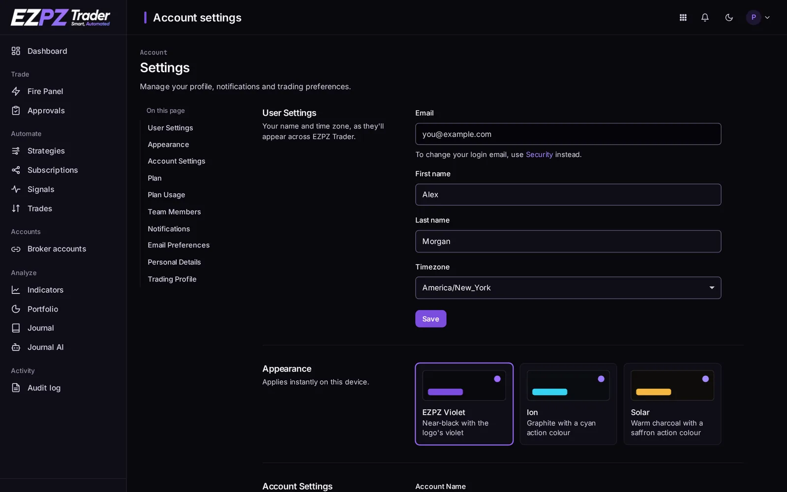 Settings page