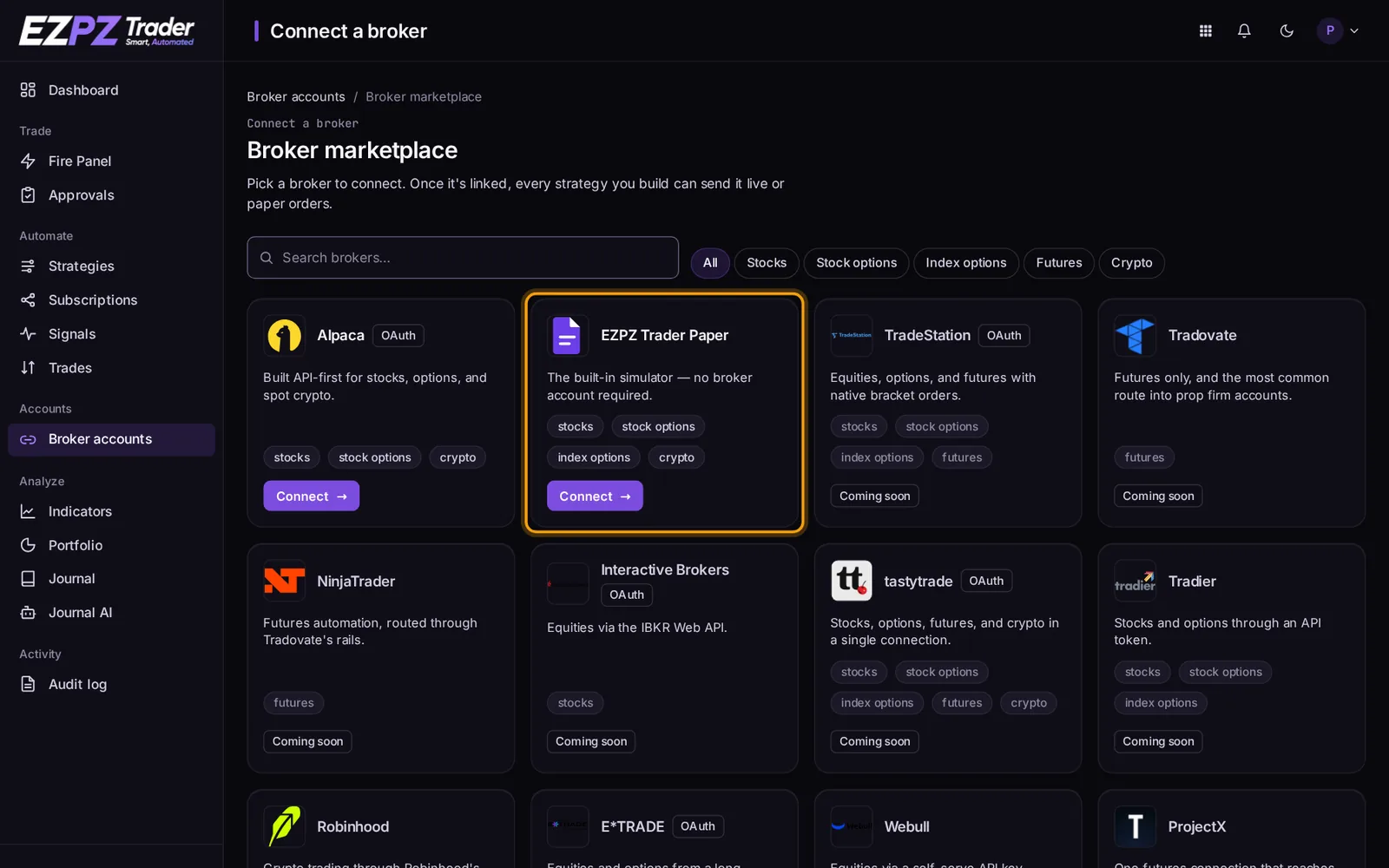 Broker marketplace with EZPZ Trader Paper highlighted