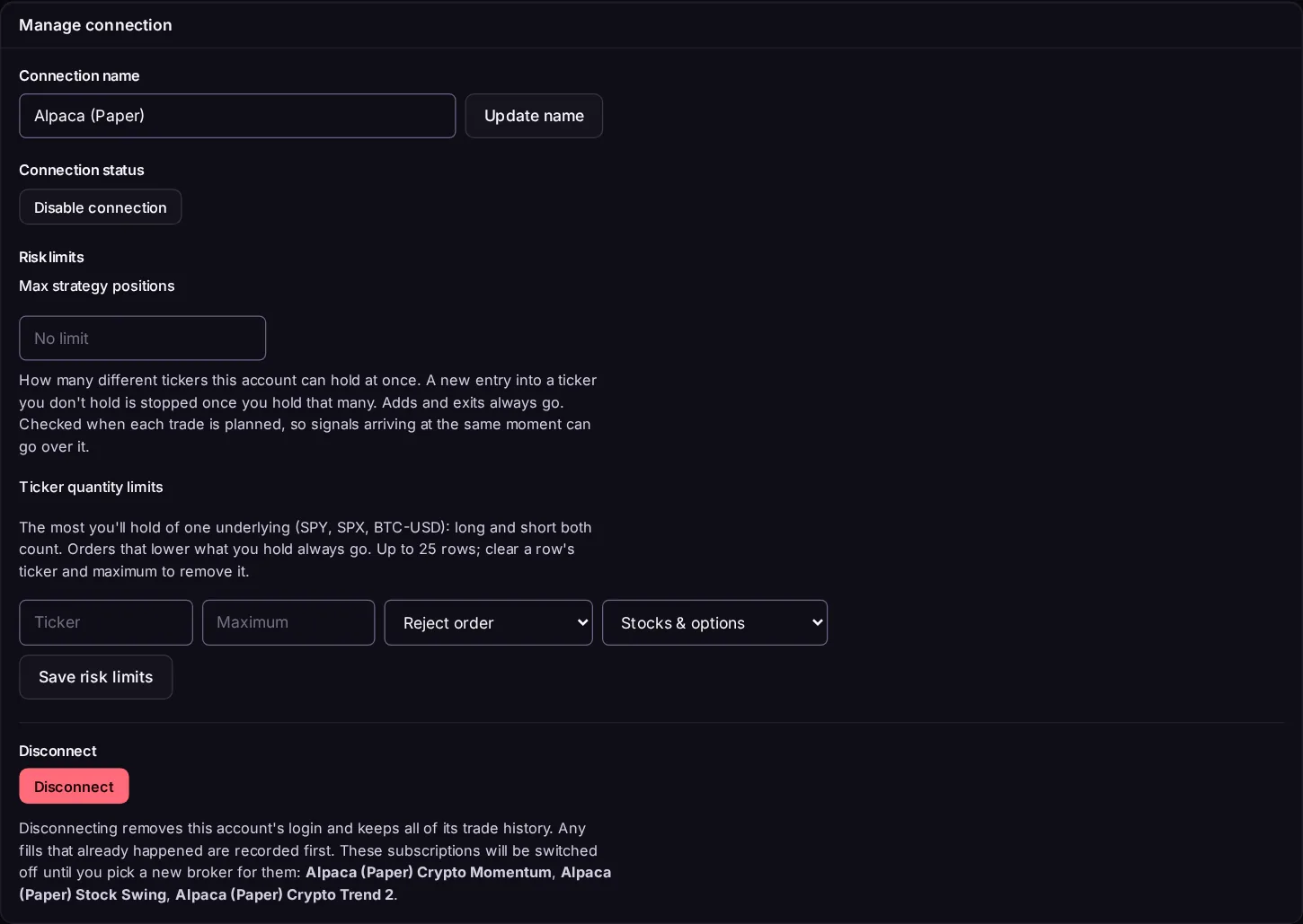 Connection settings with risk limits