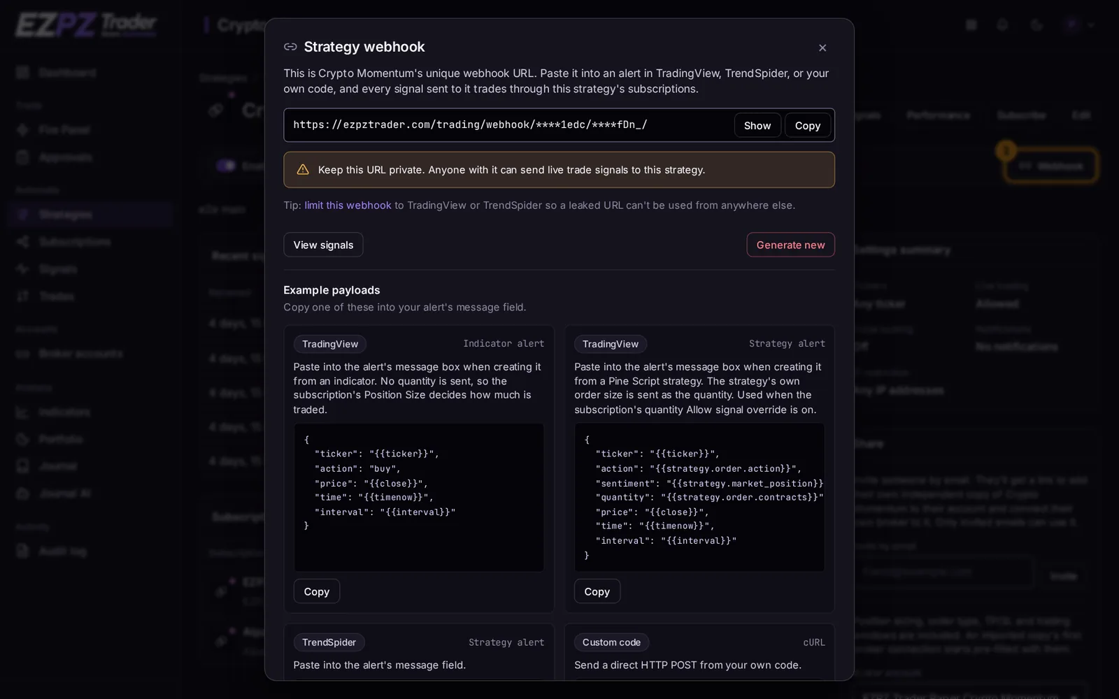 Strategy webhook dialog